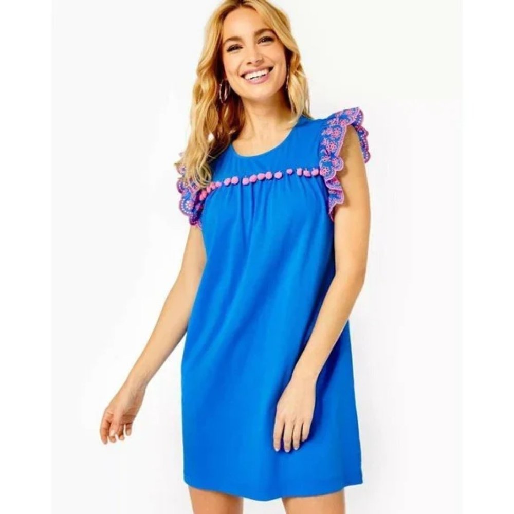 NWT Lilly Pulitzer Ave Mini Dress Pom-Pom Eyelet Embroidered Blue XS